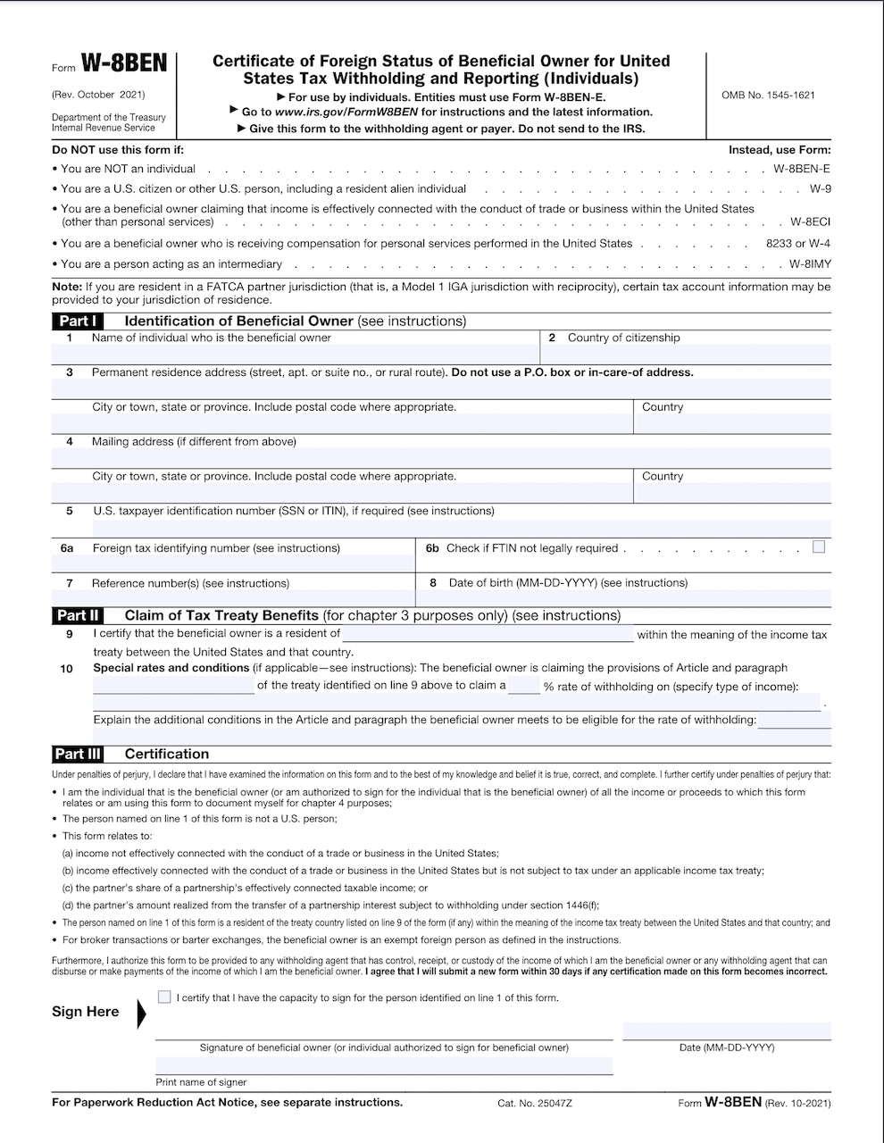 W-8BEN 表填写示意